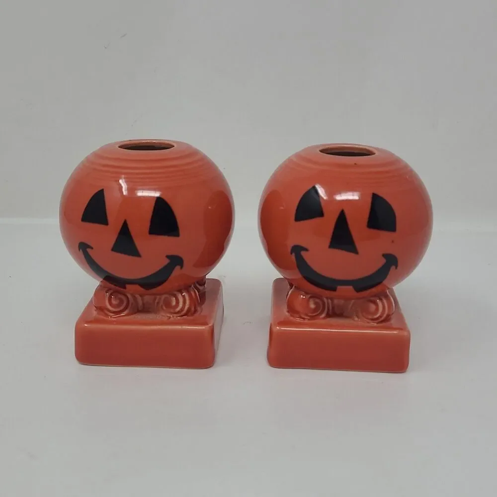 Pair Of Fiesta Halloween Pumpkin Jack-O-Lantern Candle Holders